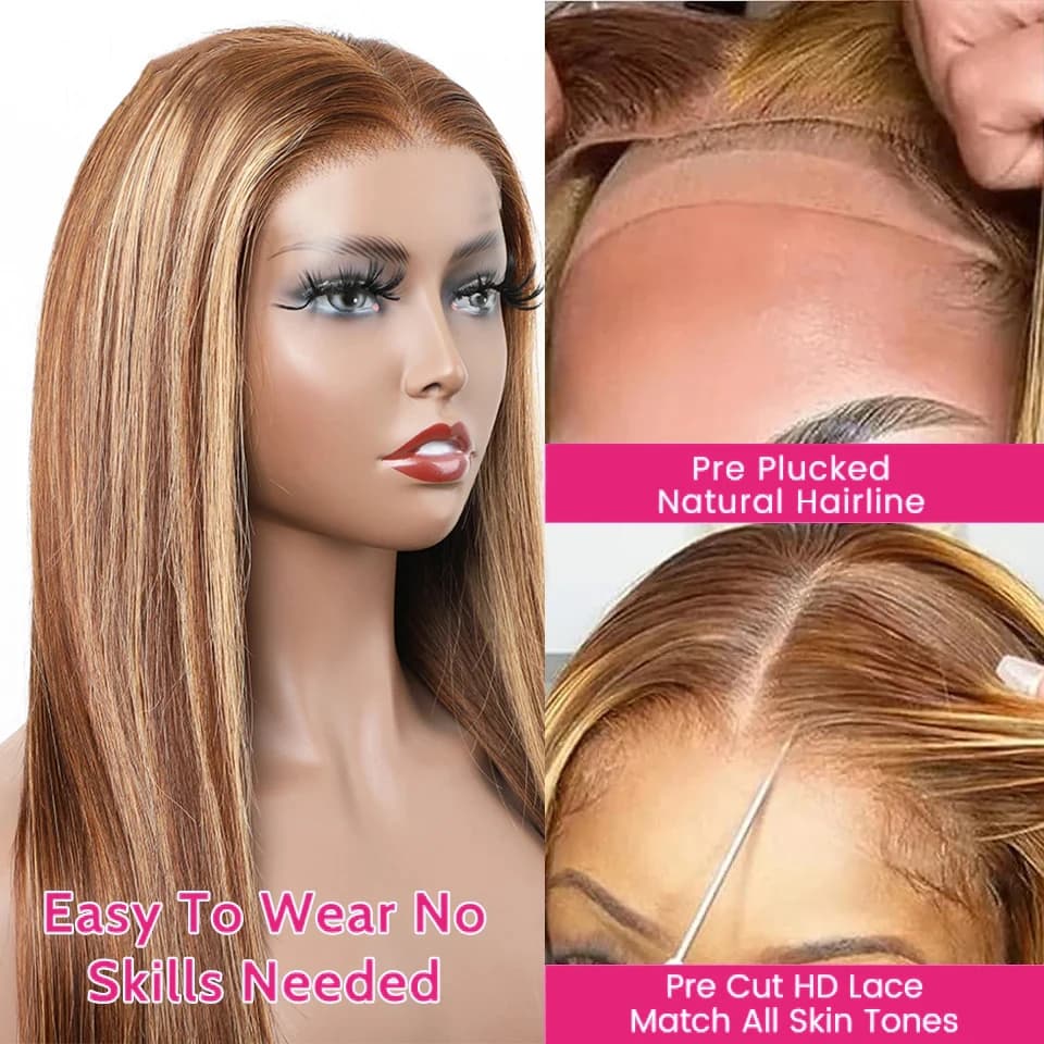 Perruque Lace Front Wig sans colle naturelle, cheveux humains, pre-plucked, coloré, pre-plucked, pre