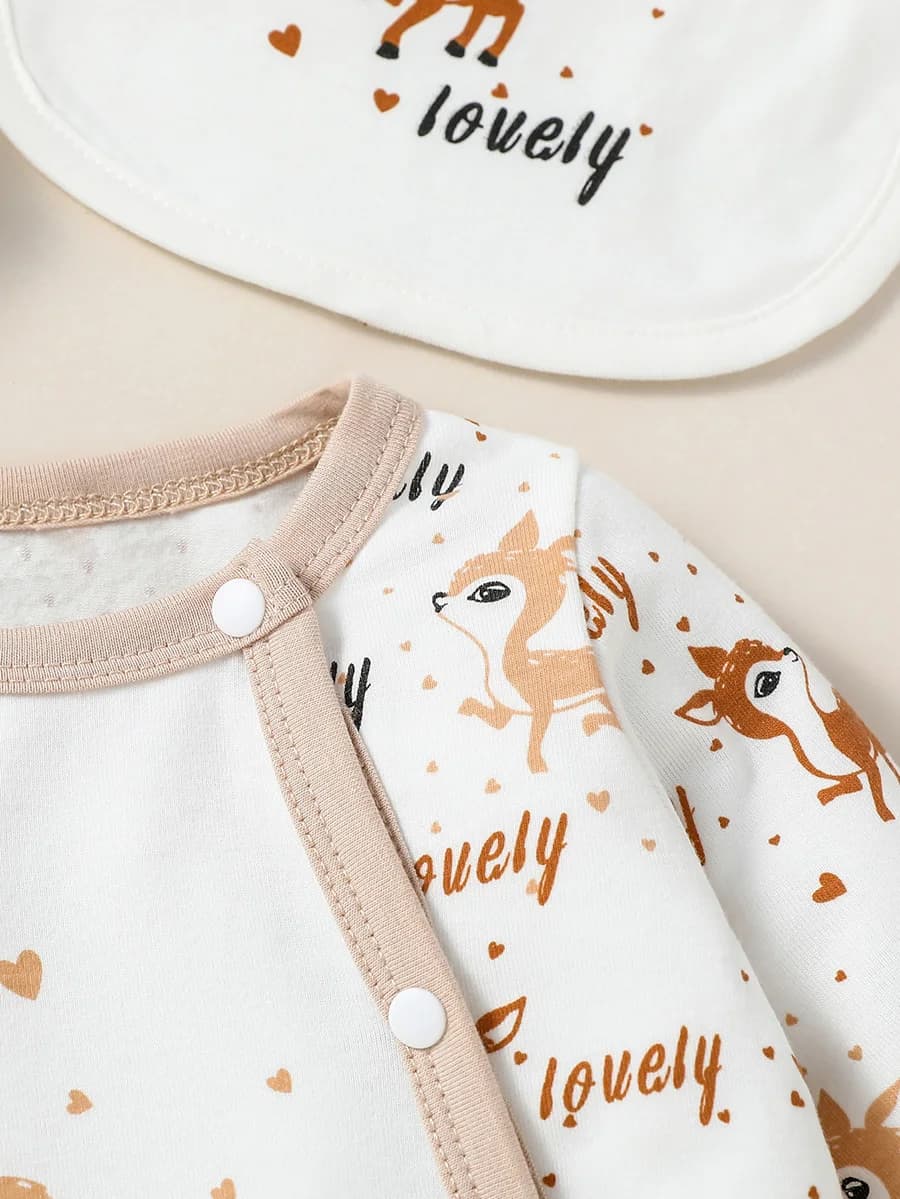 4 pièces bébé unisexe à manches longues col rond imprimé Animal avec bouton combinaison décontractée