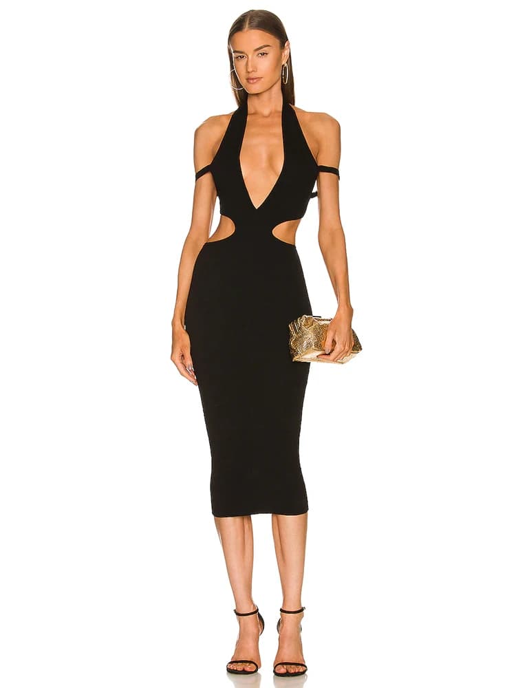 Robe à bandes mi-longue découpée pour femmes, col en V, sans manches, dos nu, moulante, épaules dénu