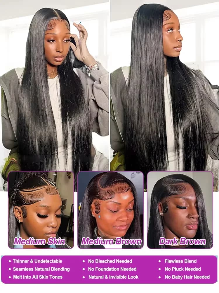 Perruque lace front 13x6 lisse pour femmes cheveux humains brésiliens HD lace pré épilée sans colle 