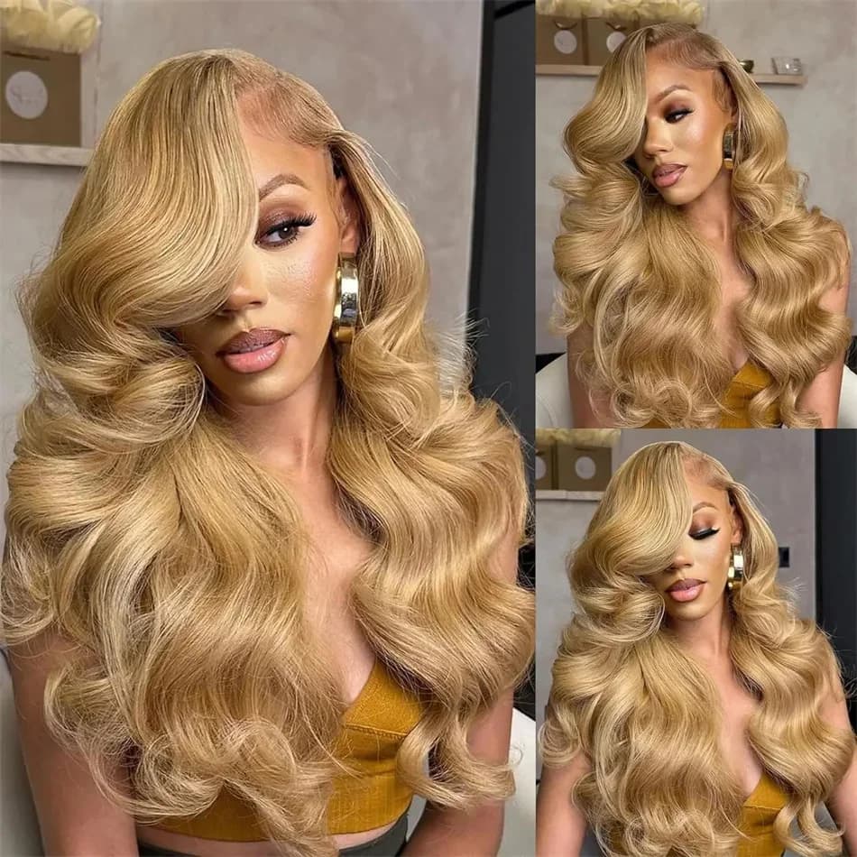 Perruque Lace Front Wig Body Wave Naturelle, Cheveux Humains, Couleur Blond Miel #27, 13x4, HD, pour