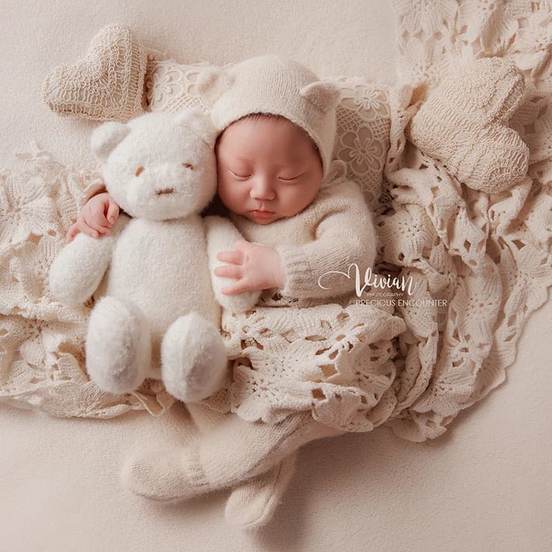 KD-Tenue de photographie pour nouveau-né, ensemble ours blanc INS, chapeau, combinaison à manches lo