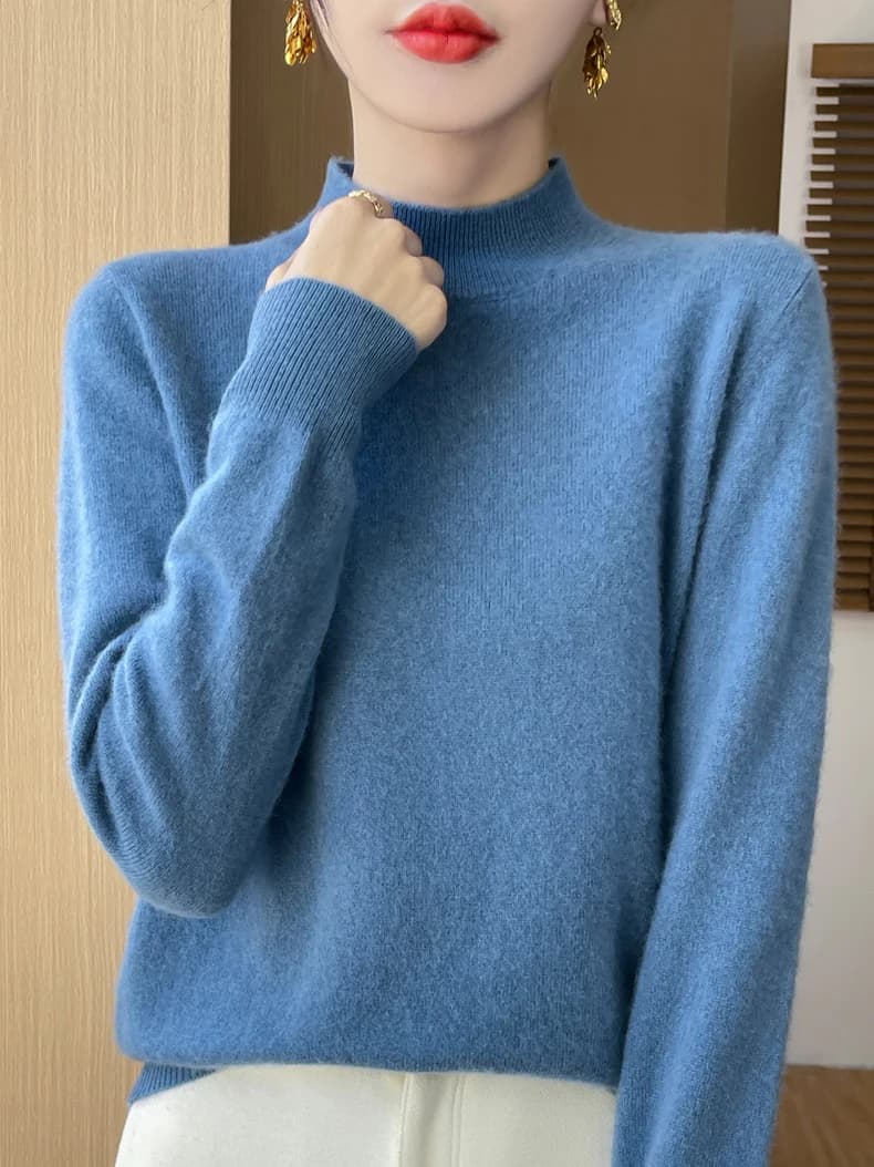 100% laine mérinos pull femmes col montant pull automne hiver basique doux chaud pulls à manches lon