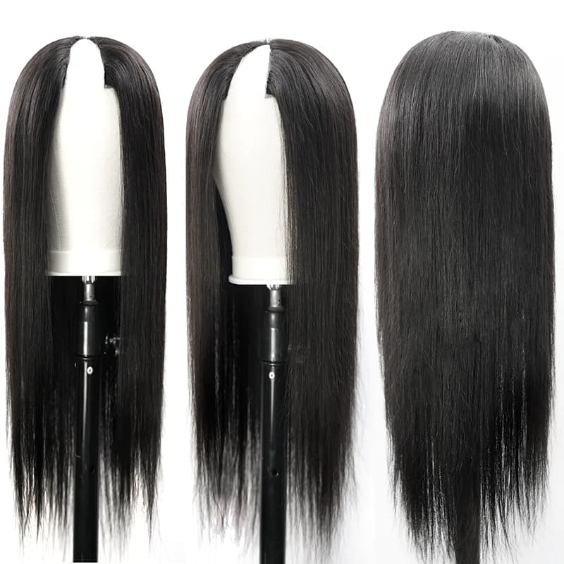 Perruque droite en V U pour femme, cheveux humains, sans laisser de côté, partie fine, densité 250, 