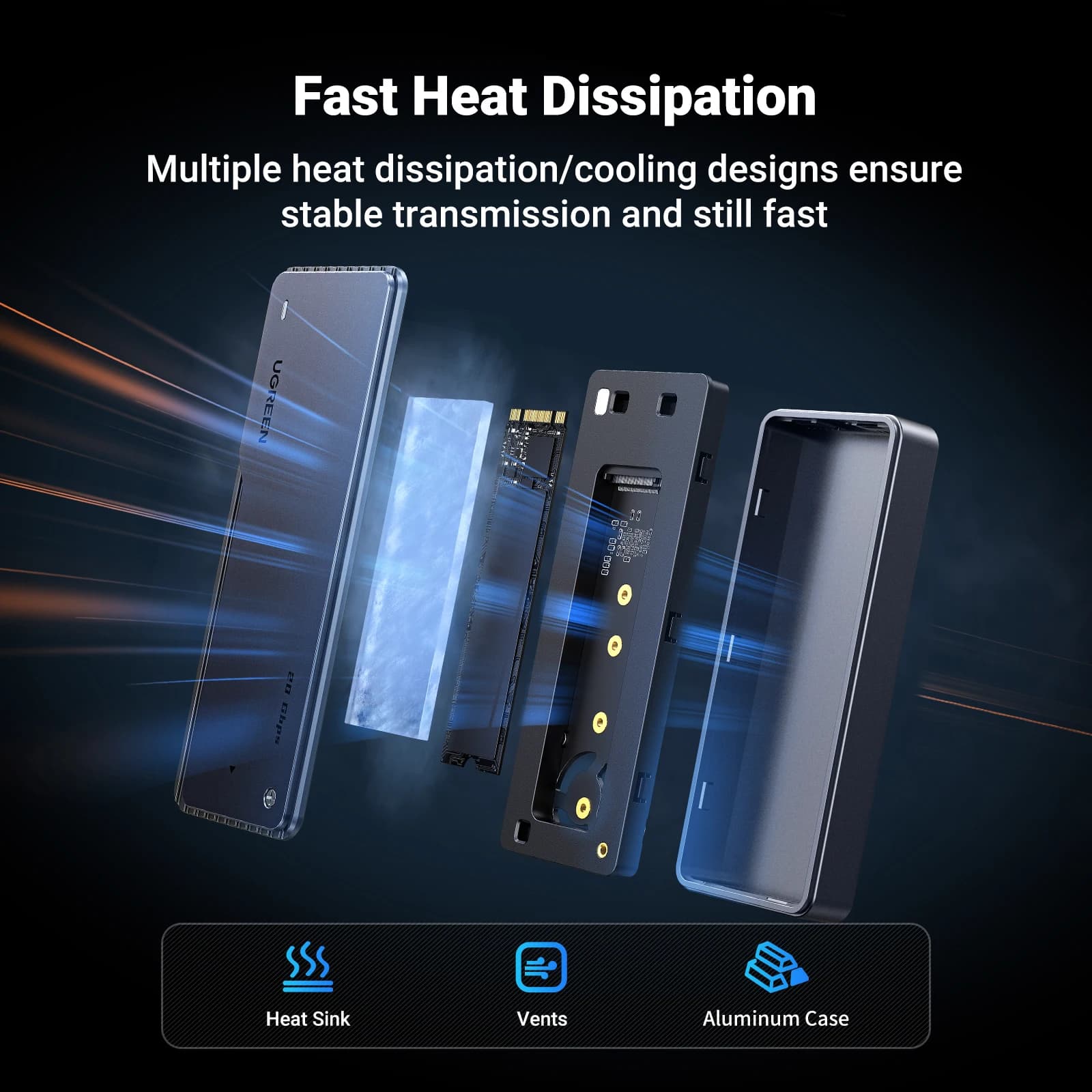 UGREEN-Boîtier SSD NVMe 20Gbps, refroidissement intégré, boîtier SSD en aluminium, adaptateur M.2 ve