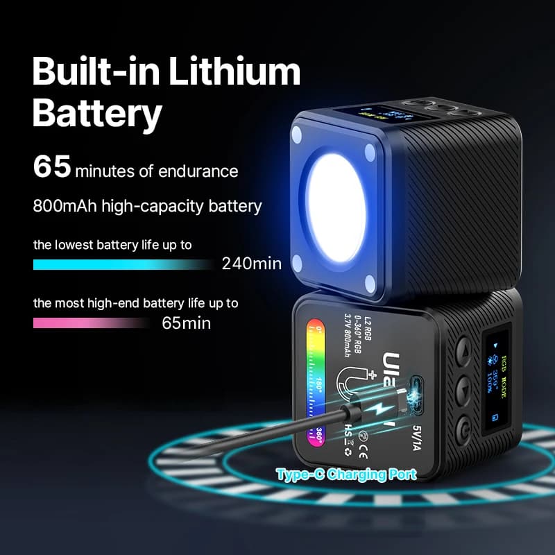 Lampe vidéo Ulanzi L2 RVB Mini COB 360 °   Lumière magnétique polychrome avec diffuseur pour apparei