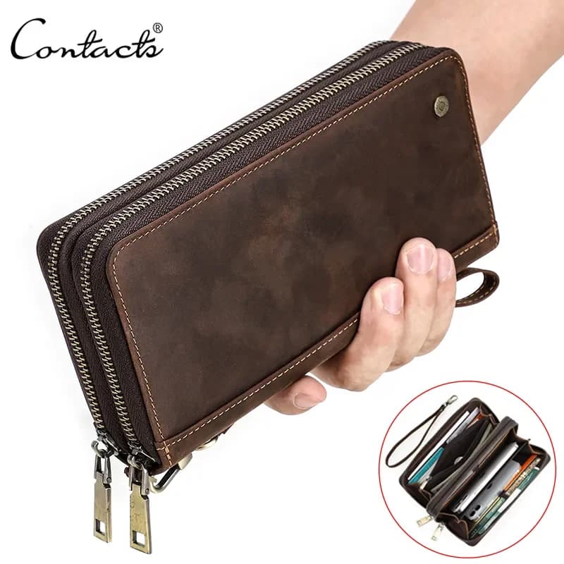 Portefeuille en cuir véritable pour hommes, pochette porte-cartes, portefeuilles longs, double ferme