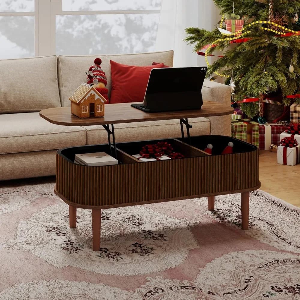 Table basse relevable cannelée avec rangement dissimulé, table basse ovale avec plateau relevable, d