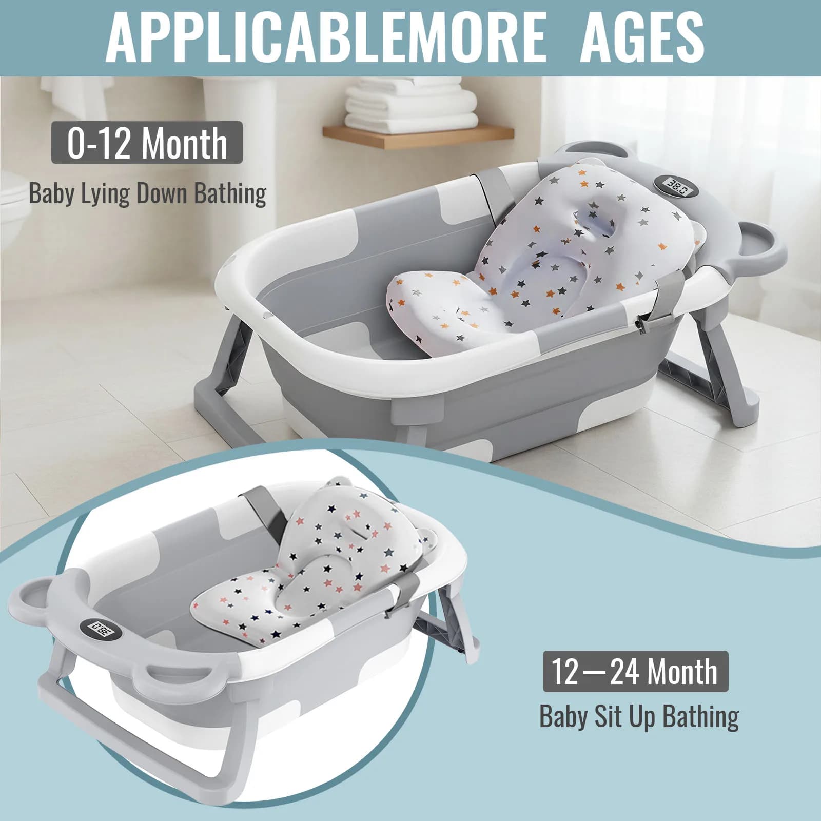 Baignoire pliable pour bébé, antidérapante, avec thermomètre pour surveiller la température de l'eau