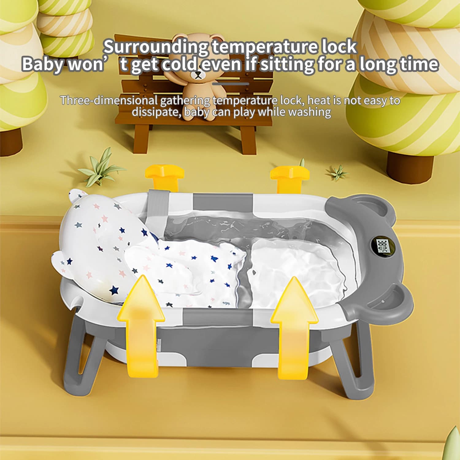 Baignoire pliable pour bébé avec thermomètre, tapis de bain antidérapant, Support de coussin, baigno