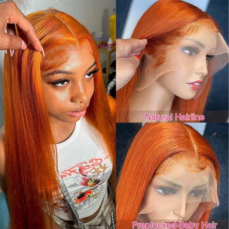 34 pouces Orange gingembre dentelle avant perruques cheveux humains pour les femmes droite 13x4 13x6