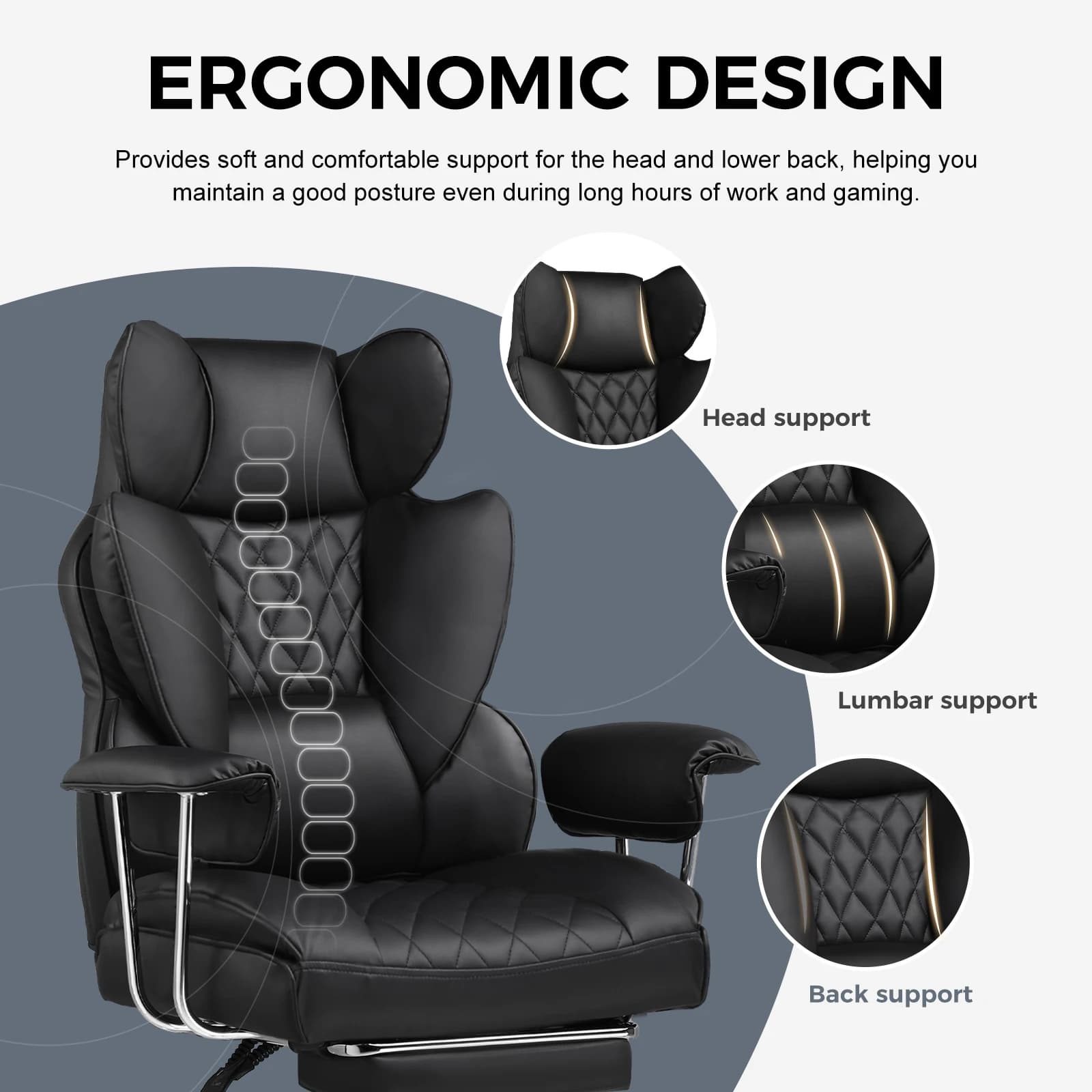 Grande et grande chaise de jeu avec support lombaire à ressorts ensachés, chaise de bureau ergonomiq