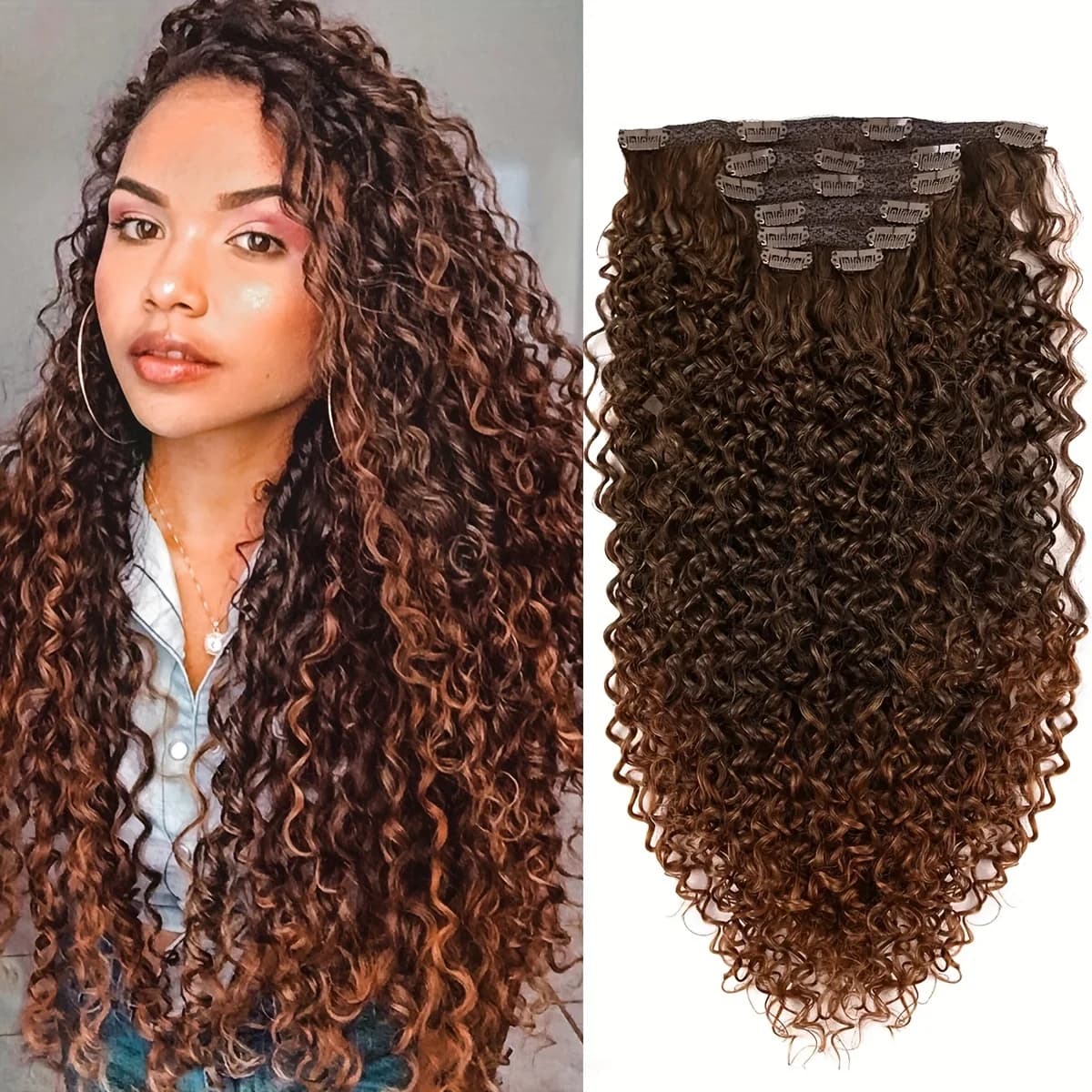 Extensions capillaires synthétiques crépues bouclées à 16 clips, fausses pièces à tête complète, noi