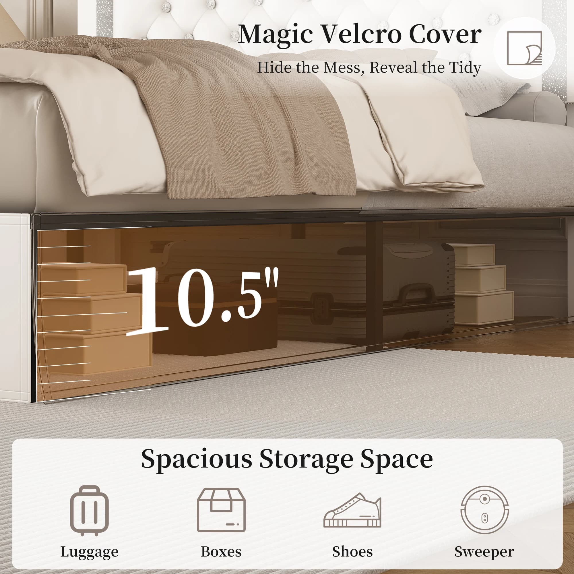 SIBEDS Cadre de lit queen avec lumières LED, tête de lit réglable, revêtement en lin capitonné, jupe