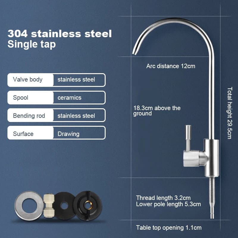 Robinet d'eau de cuisine en acier inoxydable 304, chromé, connexion de 1/4 pouces, robinet à osmose 