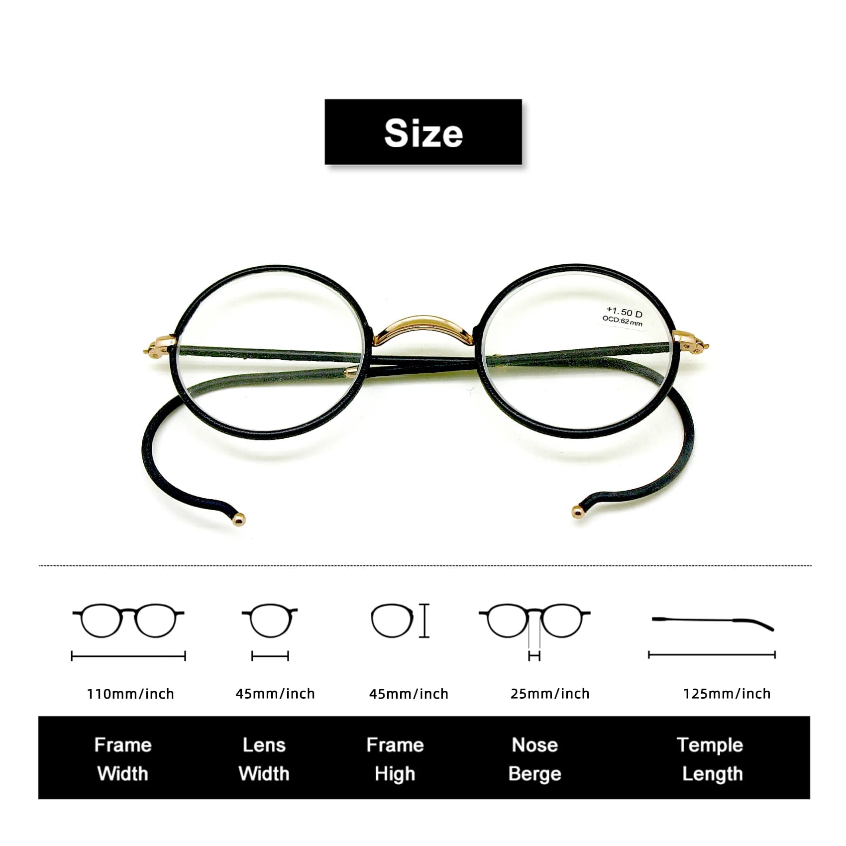 Lunettes de lecture rétro, monture ronde en métal + lecteur de poche portable 1.0 à + 3.5