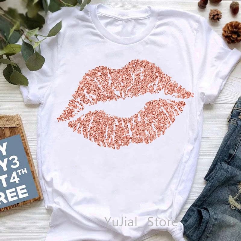 Rouge paillettes lèvres imprimer T-Shirt femmes vêtements été mode T-Shirt Femme blanc Style T-Shirt