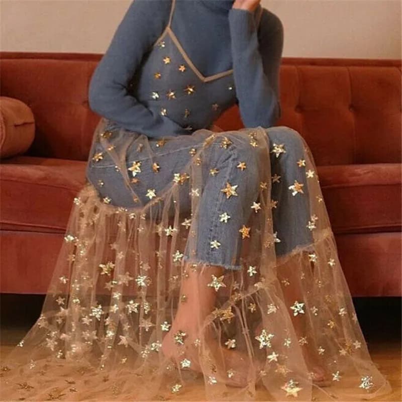 Robe longue en tulle pour femmes, bretelles spaghetti, transparente, douce, à la mode, bling bling, 