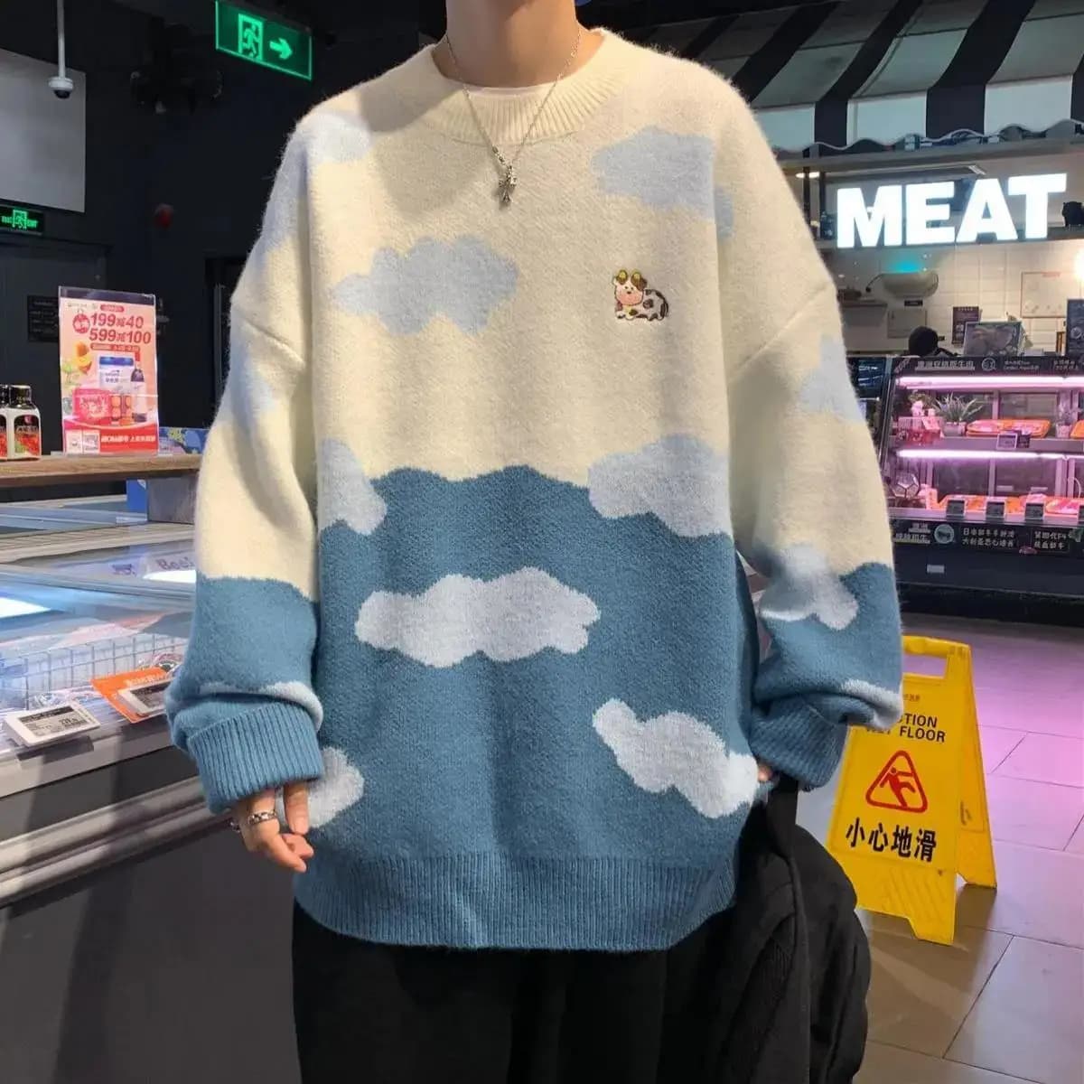Pull bleu ciel pour femme, imprimé vache mignon, mode nuages, vêtements d'hiver, couples respirants,
