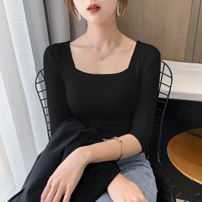 T-shirt manches mi-longues pour femmes, col carré, slim, en coton, solide, été, basique, haute élast