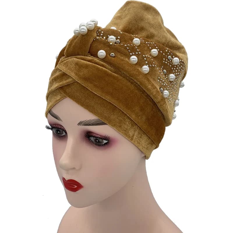 Bonnet turban en velours doux avec perles pour femmes, Hijab musulman, enveloppes de tête, vêtements