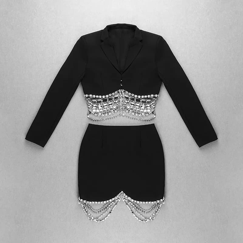 Ensemble de costume de créateur de haute couture 2026, ensemble de jupe et blazer court à chaîne lux