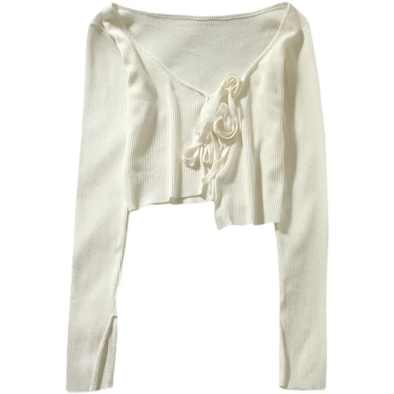 Cardigan à lacets tout assressentipour femme, blanc, simple, haut mignon, élégant, résistant au sole