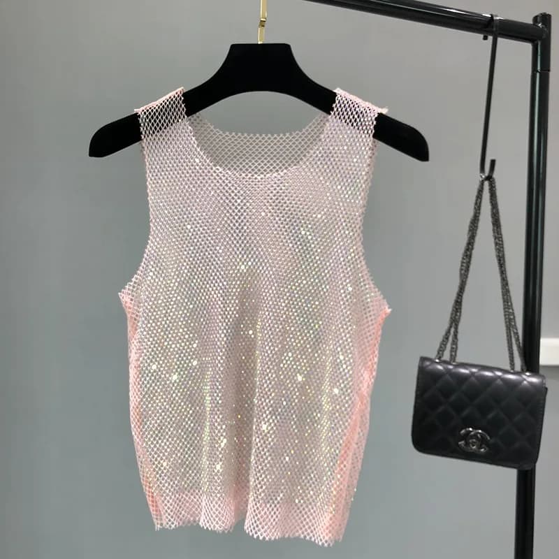 Débardeur brillant avec perles en cristal, camisole d'estampage, diamant évidé, sexy, club de fête