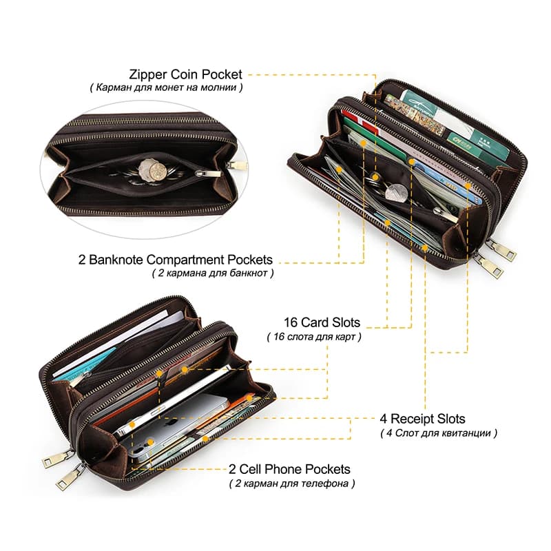 Portefeuille en cuir véritable pour hommes, pochette porte-cartes, portefeuilles longs, double ferme