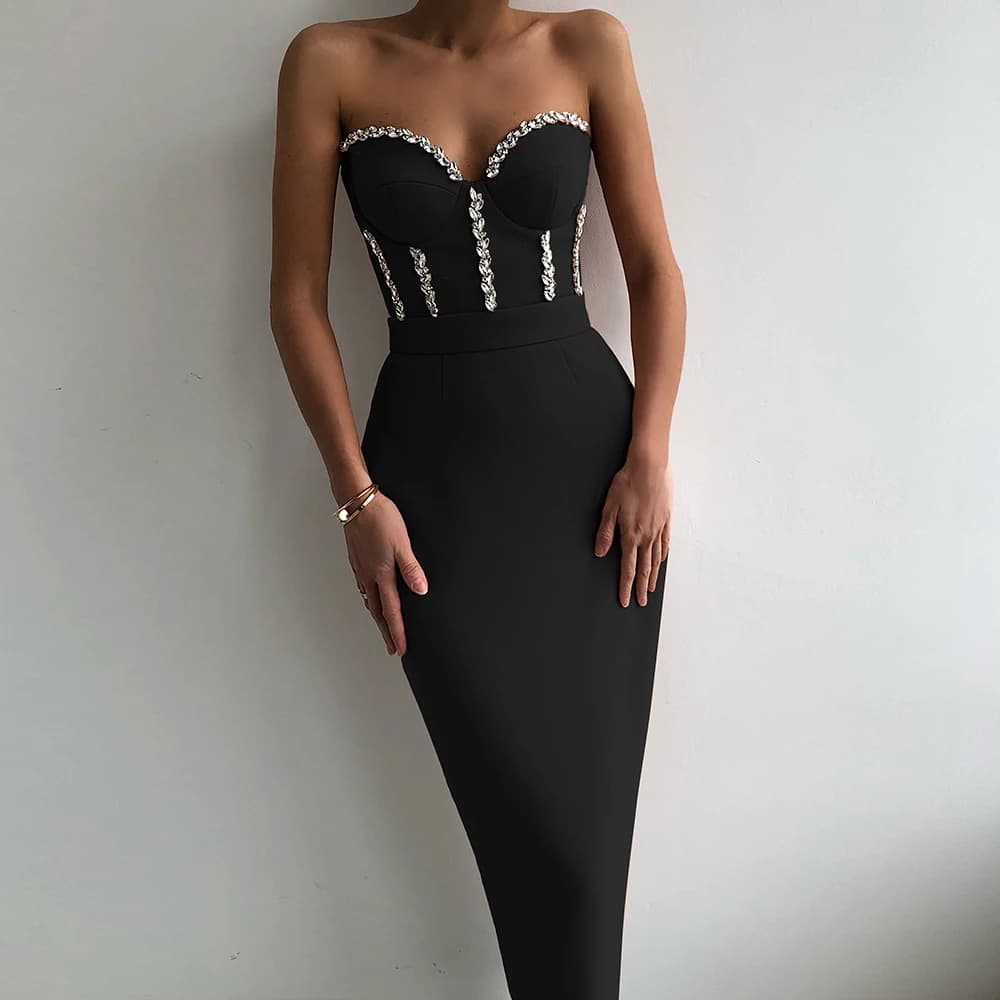Robe mi-longue à bandes, Sexy, sans bretelles, moulante, élégante, avec perles, pour soirée, boîte d