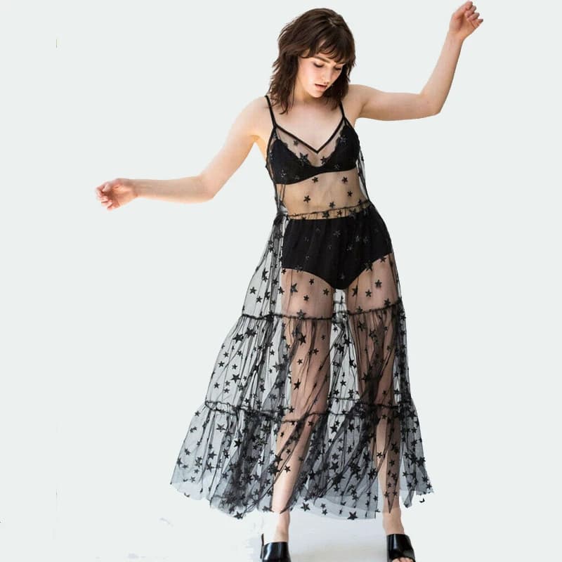 Robe longue en tulle pour femmes, bretelles spaghetti, transparente, douce, à la mode, bling bling, 