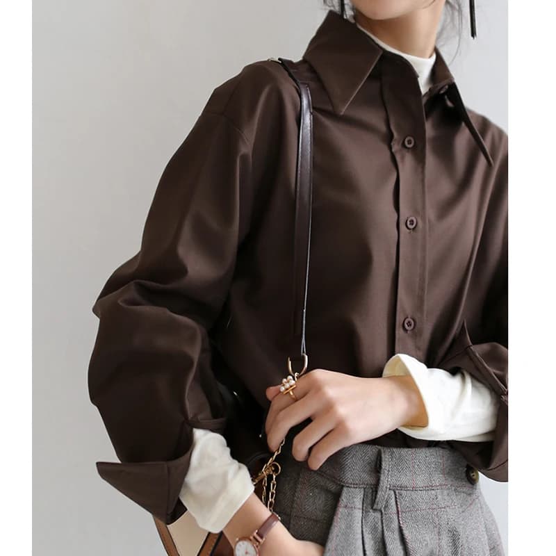 QOERLIN café Blouse femmes printemps automne décontracté couleur unie à manches longues chemise femm
