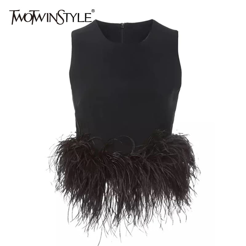 TWOTWINSTYLE noir Patchwork plumes mode coréenne petit haut femmes col rond sans manches mince hauts