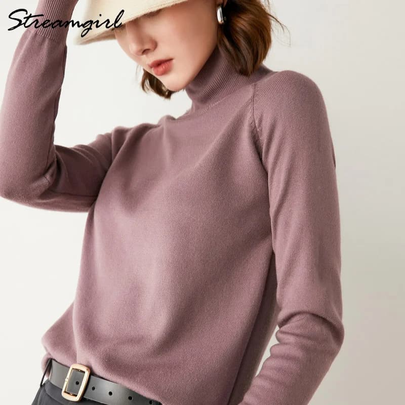 Pulls à col roulé pour femmes 2022 automne hiver pull tricoté rose Top noir en cachemire pour femmes