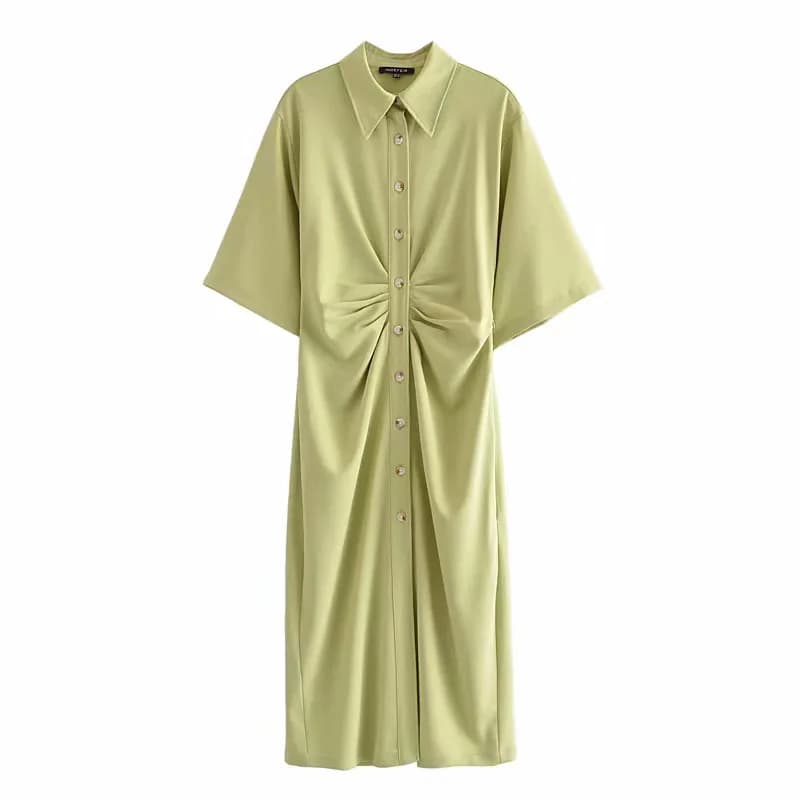 Robe Midi à boutons pour femmes, chemise Vintage, couleur unie, élégante, manches courtes, longue, d