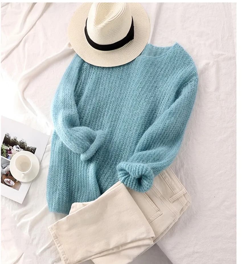 JSXDHK nouveau 2025 printemps automne Mohair bleu mince pull hauts mode femmes col rond tricoté évid