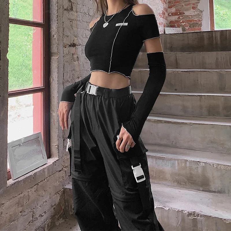 Patchwork noir T-shirts gothique Y2k haut court volants ourlet Hip Hop Techwear femmes T-shirts