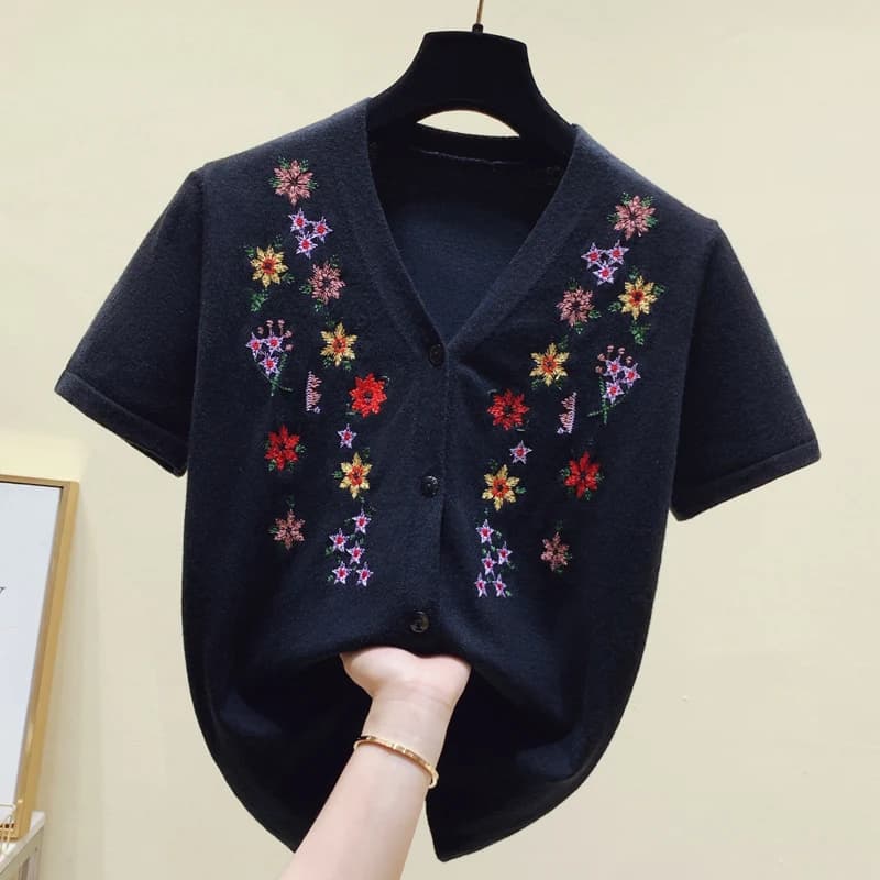 Cardigans en soie glacée pour femmes, col en v, pull tricoté, mince, noir et blanc, manteaux en tric