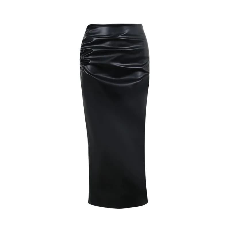 Jupe mi-longue fendue en Faux cuir pour femmes, slim, noire, Sexy, longue, Club Y2K, taille haute, m