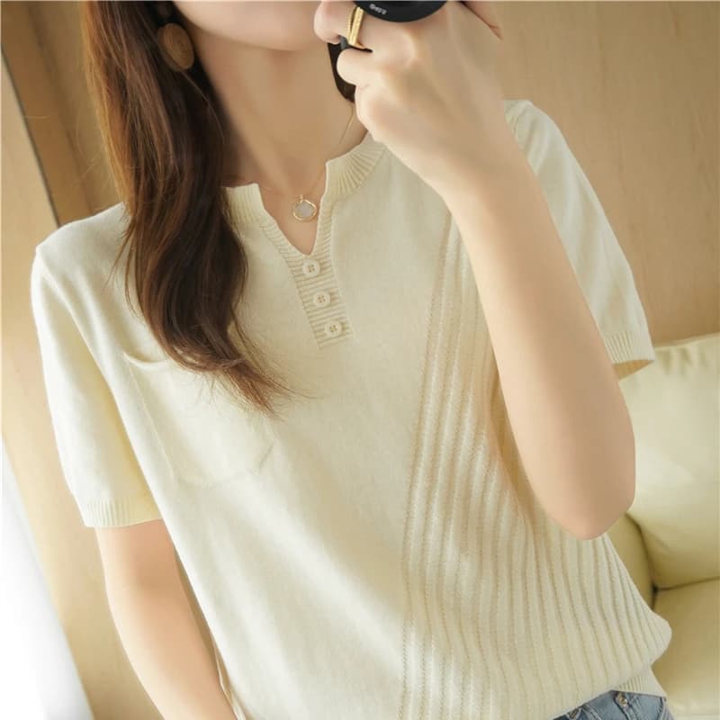 T-shirt tricoté à manches courtes et col en v pour femme, haut ample et décontracté, couleur unie, 1
