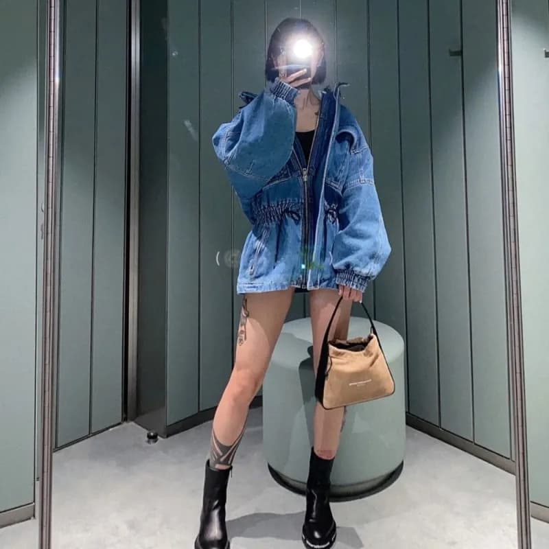 Veste en jean rembourrée mi-longue pour femme, style petit ami, taille élastique, col montant, sweat
