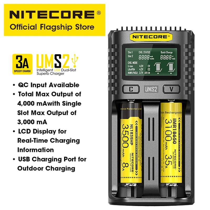 NITECORE UMS2 chargeur de batterie Intelligent USB-C à double emplacement prise de charge rapide QC 