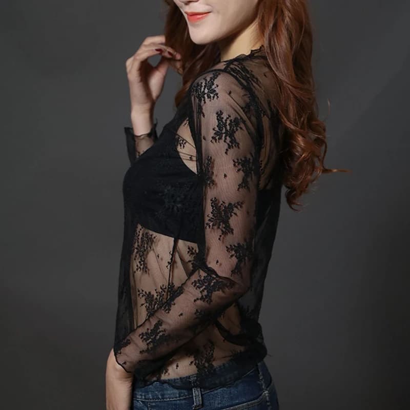 T-shirt transparent en maille évidée pour femme, sous-vêtement sexy, haut de base étoile, vêtements 