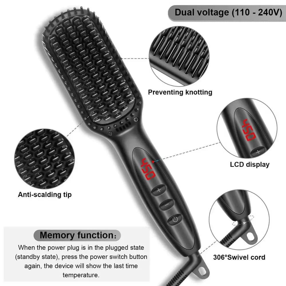 Brosse à cheveux en céramique, peigne chauffant, 230 ℃, Anti-brûlure, affichage Lcd, double tension,