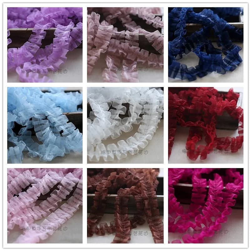 Garnitures en dentelle plissée organza, 1 mètre 4cm, rose, blanc, bleu marine, tissu ruban applique 