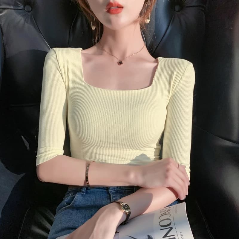 T-shirt manches mi-longues pour femmes, col carré, slim, en coton, solide, été, basique, haute élast
