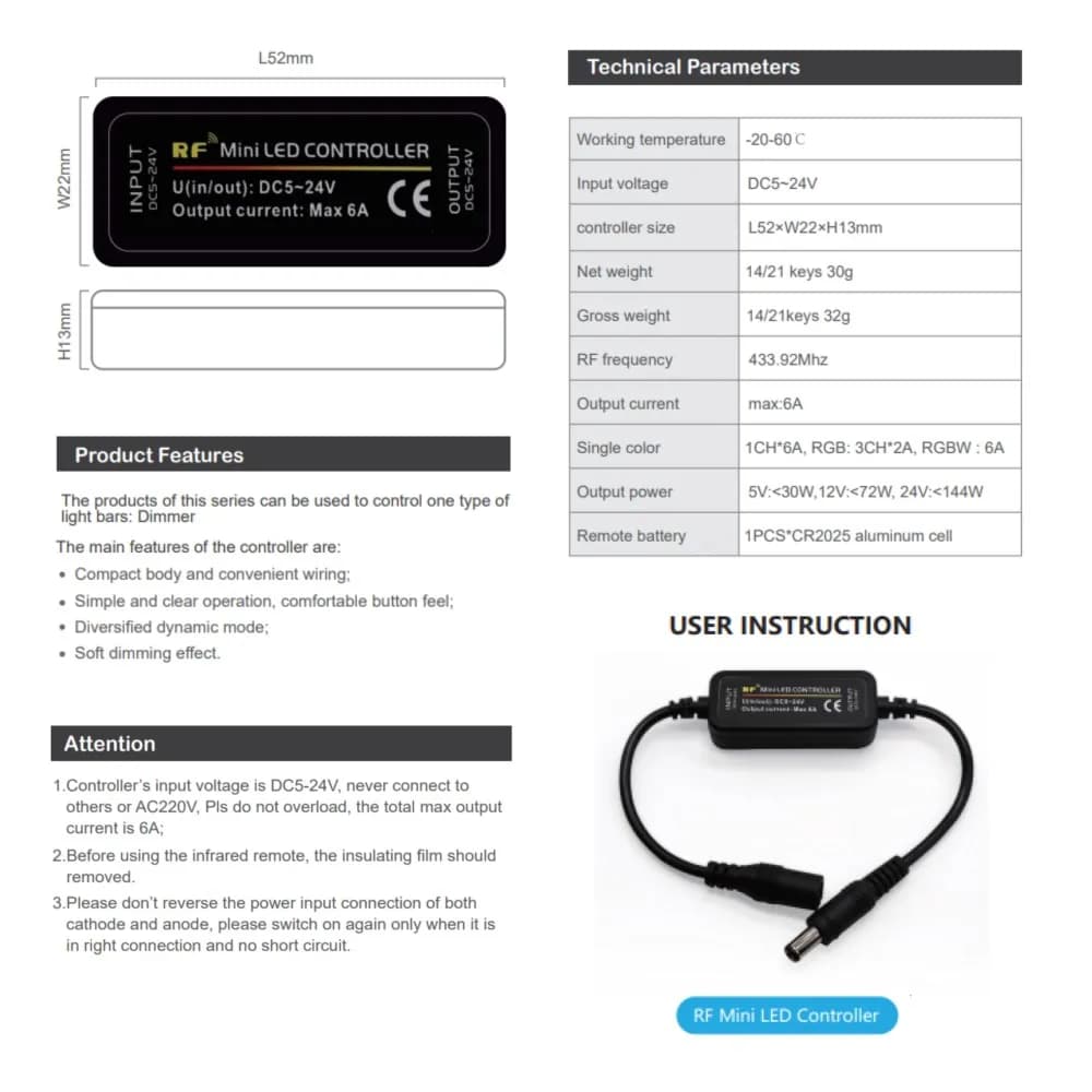 Mini variateur LED DC5-24V 6A, interrupteur de contrôleur RF sans fil, télécommande à 14 touches, co