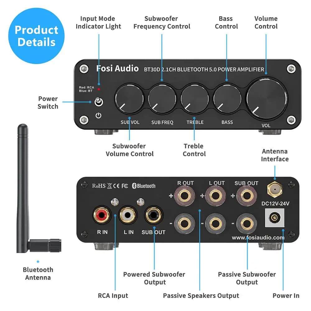 Fosi – amplificateur de puissance sonore Bluetooth 2.1 canaux, Audio BT30D, contrôle des basses et d