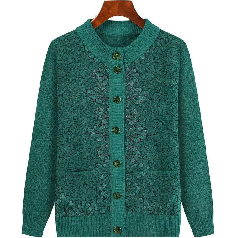 Veste cardigan en tricot pour grand-mère d'âge moyen, pull ample à manches longues avec poches, mant