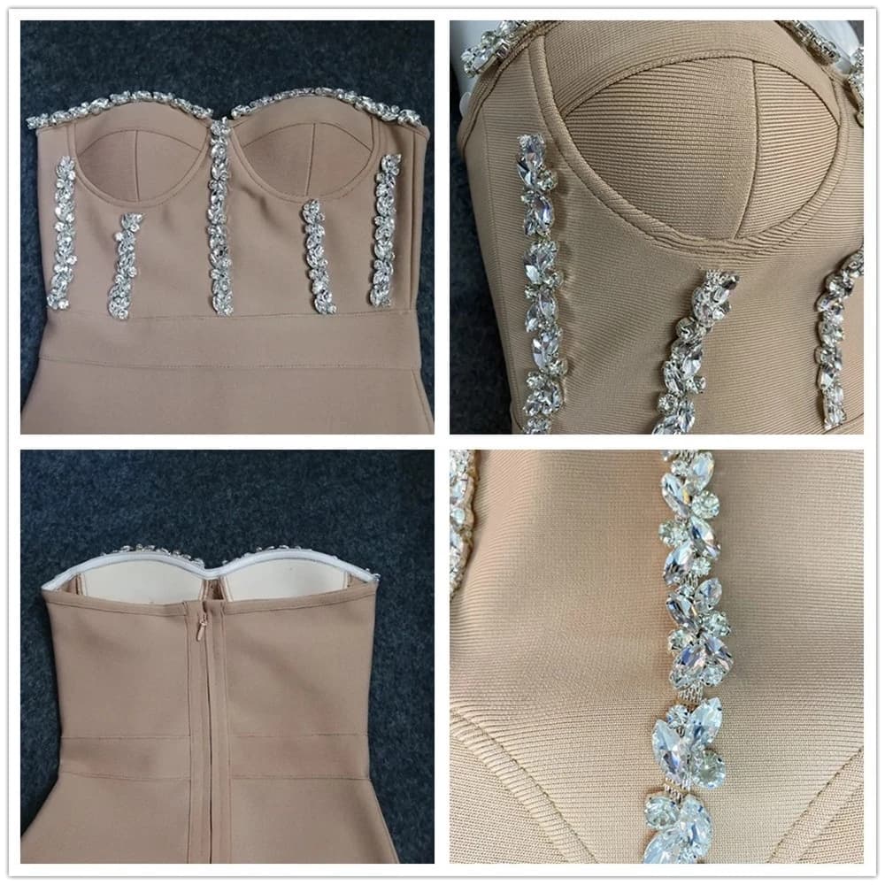 Robe mi-longue à bandes, Sexy, sans bretelles, moulante, élégante, avec perles, pour soirée, boîte d